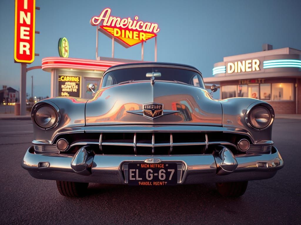 Retro Chrome Car Shines at Neon Diner