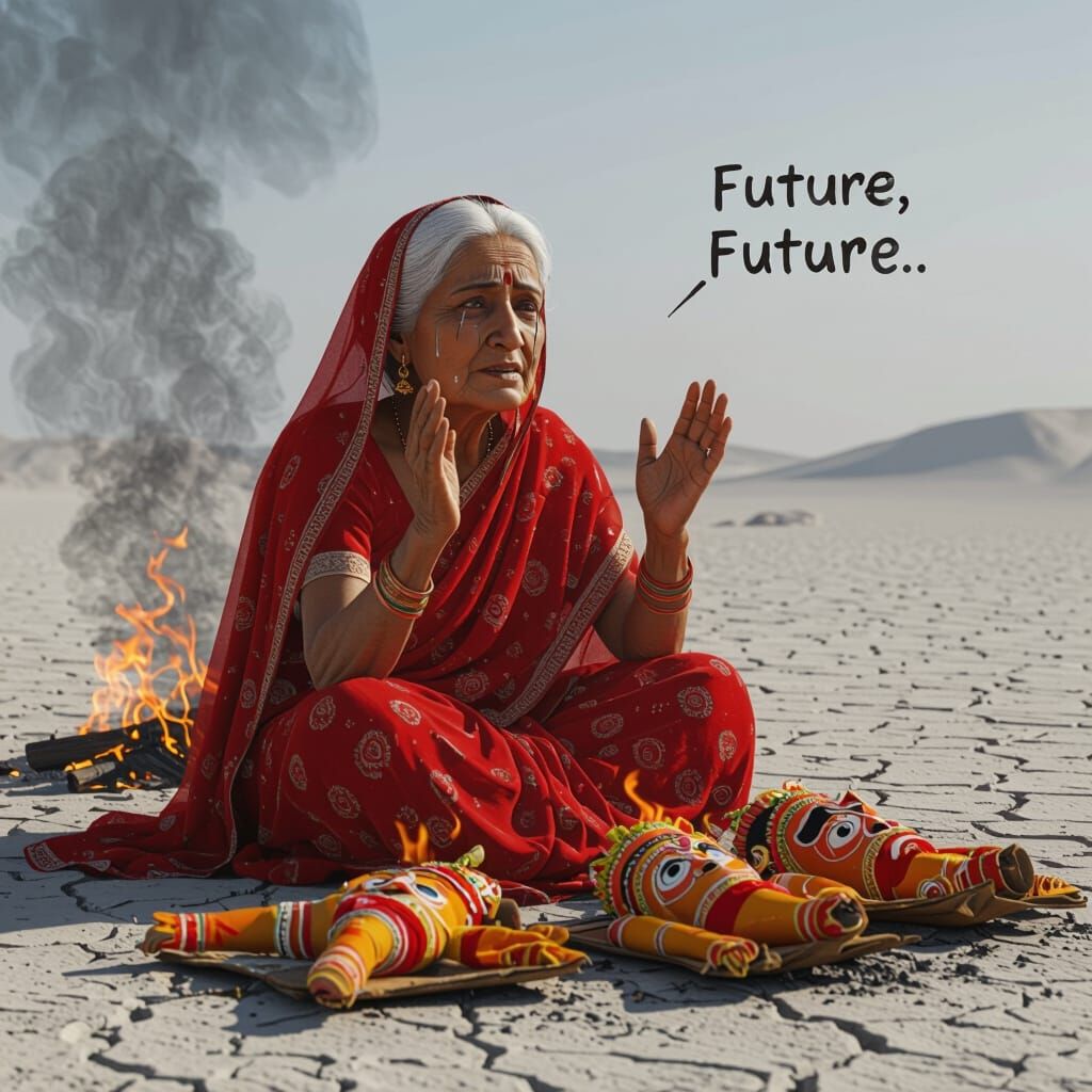 Heartbroken Grandmother in Red Saree Amidst Burning Effigies