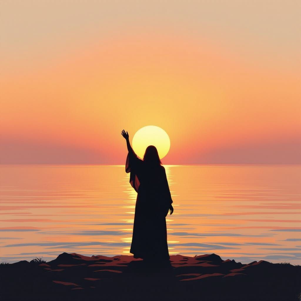 Solitary Figure Reaching for Sunrise Over Calm Sea