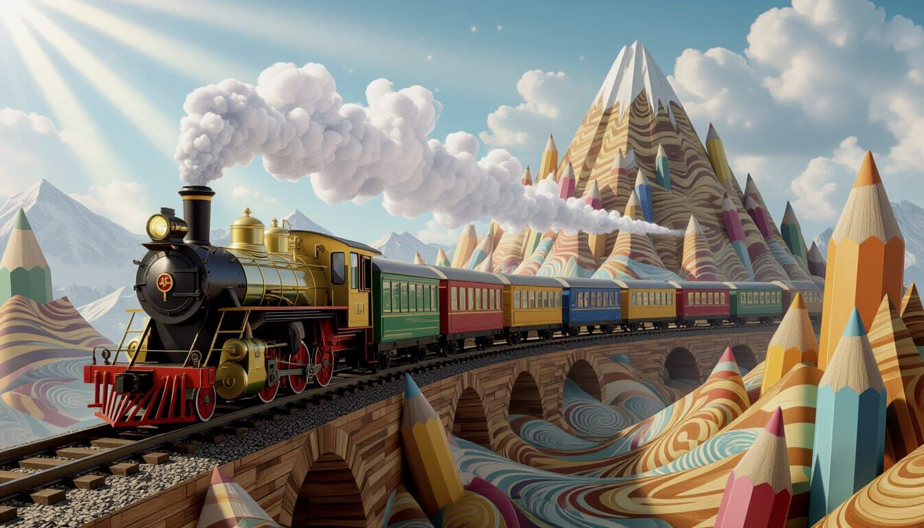 Surreal Pencil Train Emerging Through Mountain Art