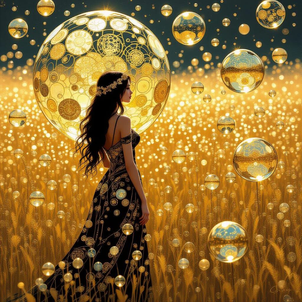 Golden Bubbles Reflecting a Klimt-Inspired Woman