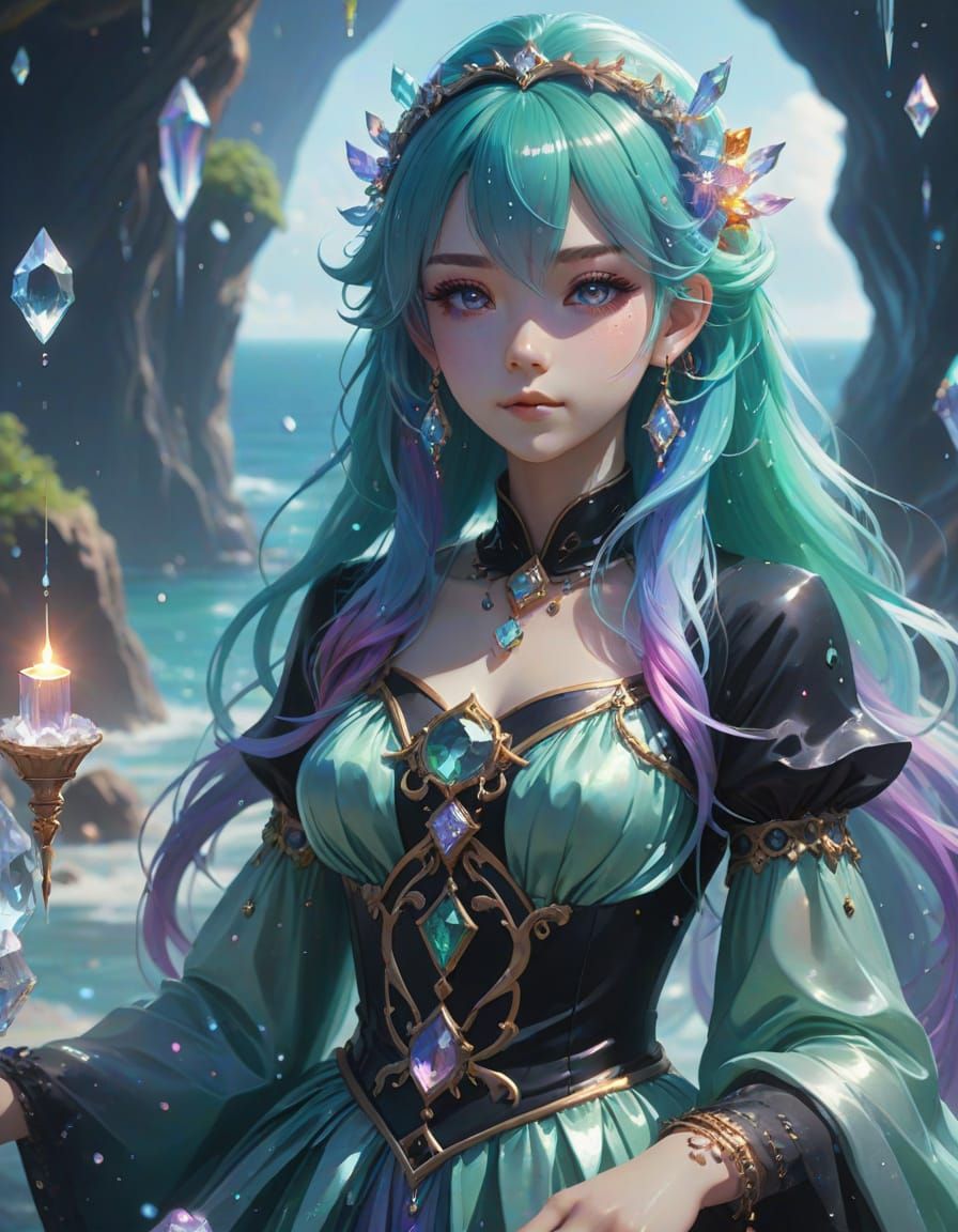 Anime Sea Witch on Crystal Island: Digital Painting