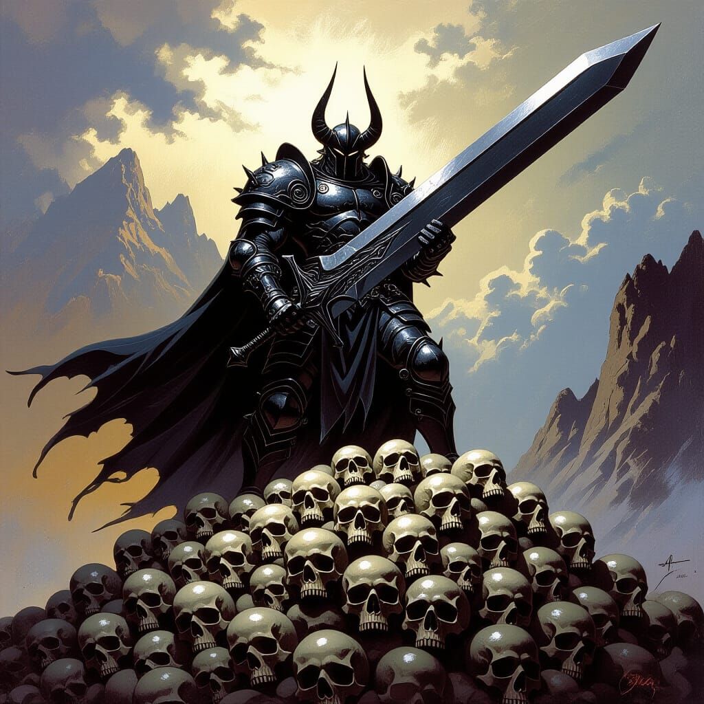 Armored Warrior on Skull Mountain in Fantasy Art Style