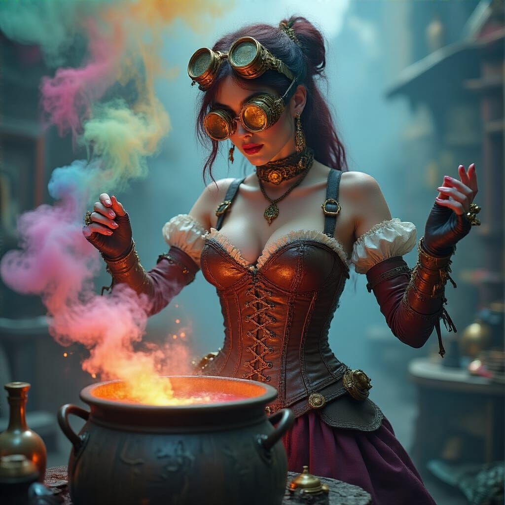 Steampunk Sorceress Conjuring Rainbow Mist Potion