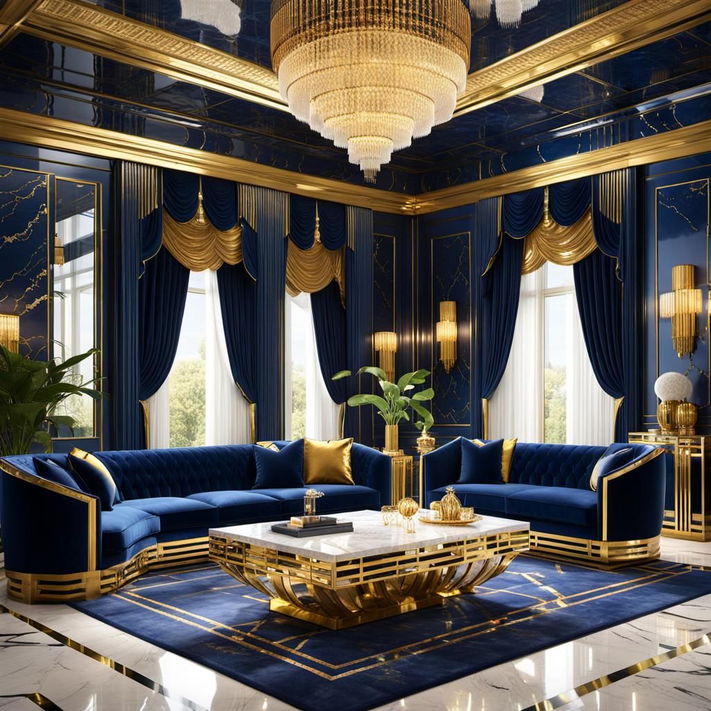 Opulent Art Deco Living Room in Blue and Gold