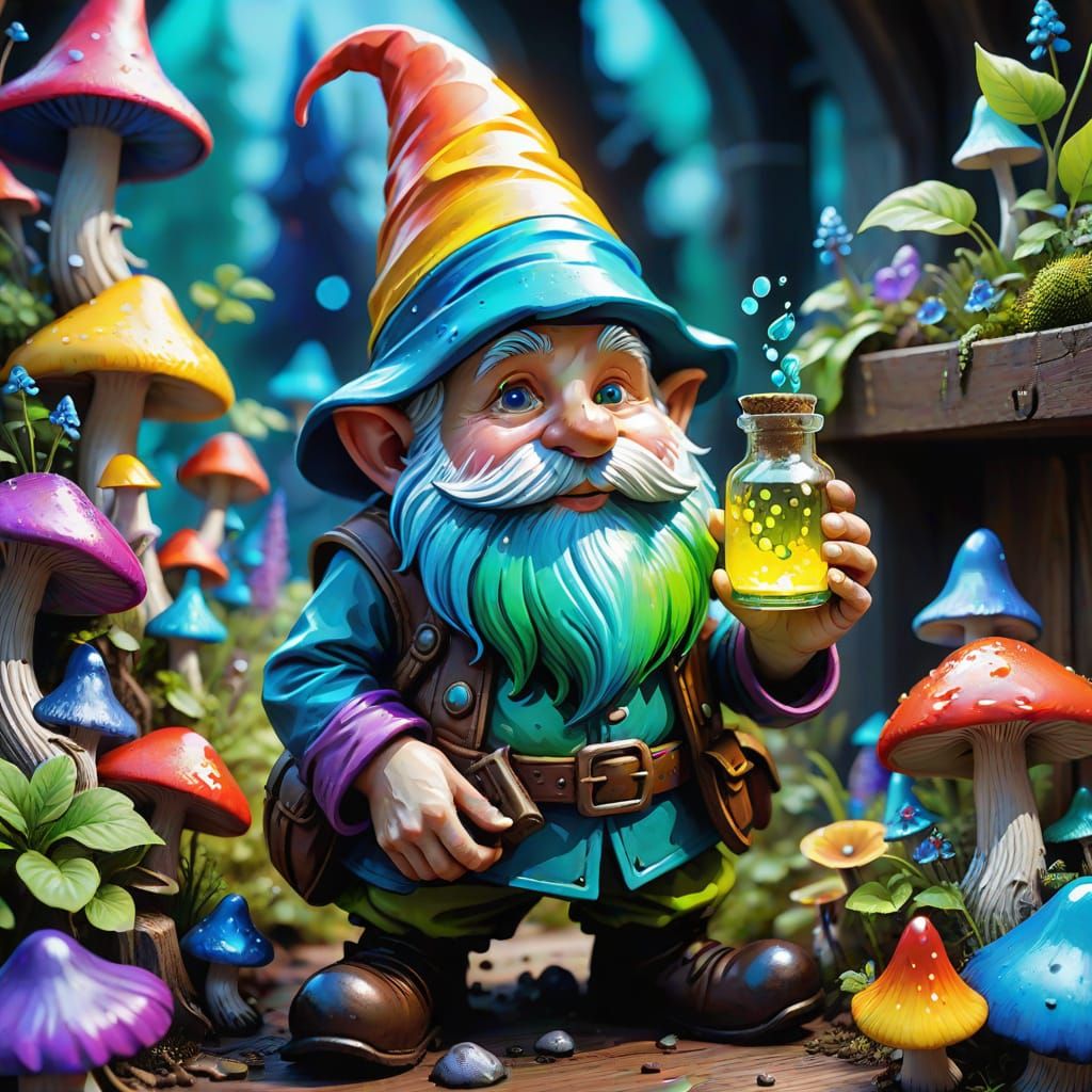 Surreal Gnome Alchemist in Vibrant Bioluminescent Cavern
