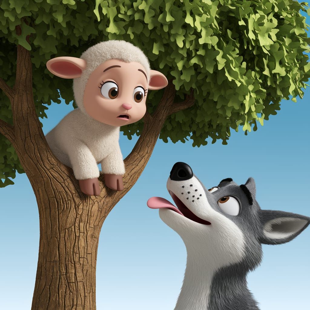 Worried Lamb and Wolf in 3D Cartoon Style