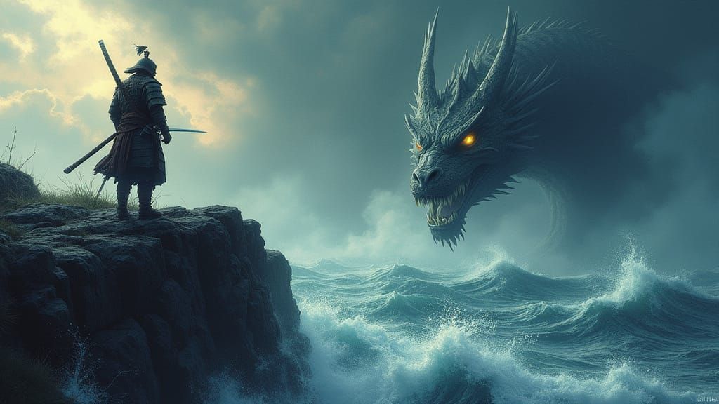 Samurai Warrior Confronts Spectral Dragon on Stormy Cliff