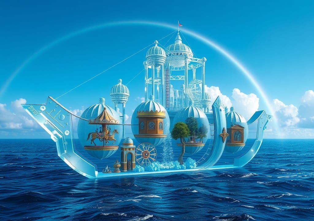 Ethereal Crystal Ship Over the Sea with Rainbow