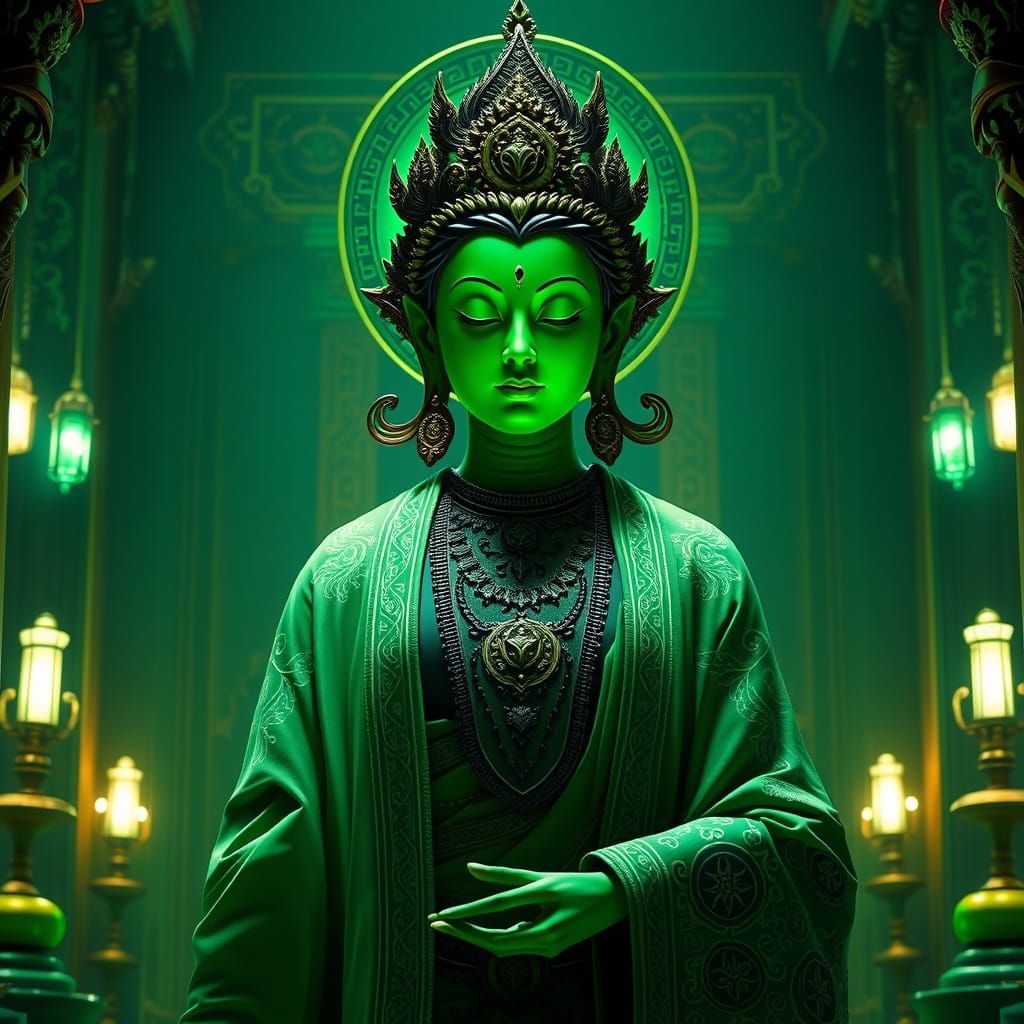 Serene Green Goddess in Sacred Temple