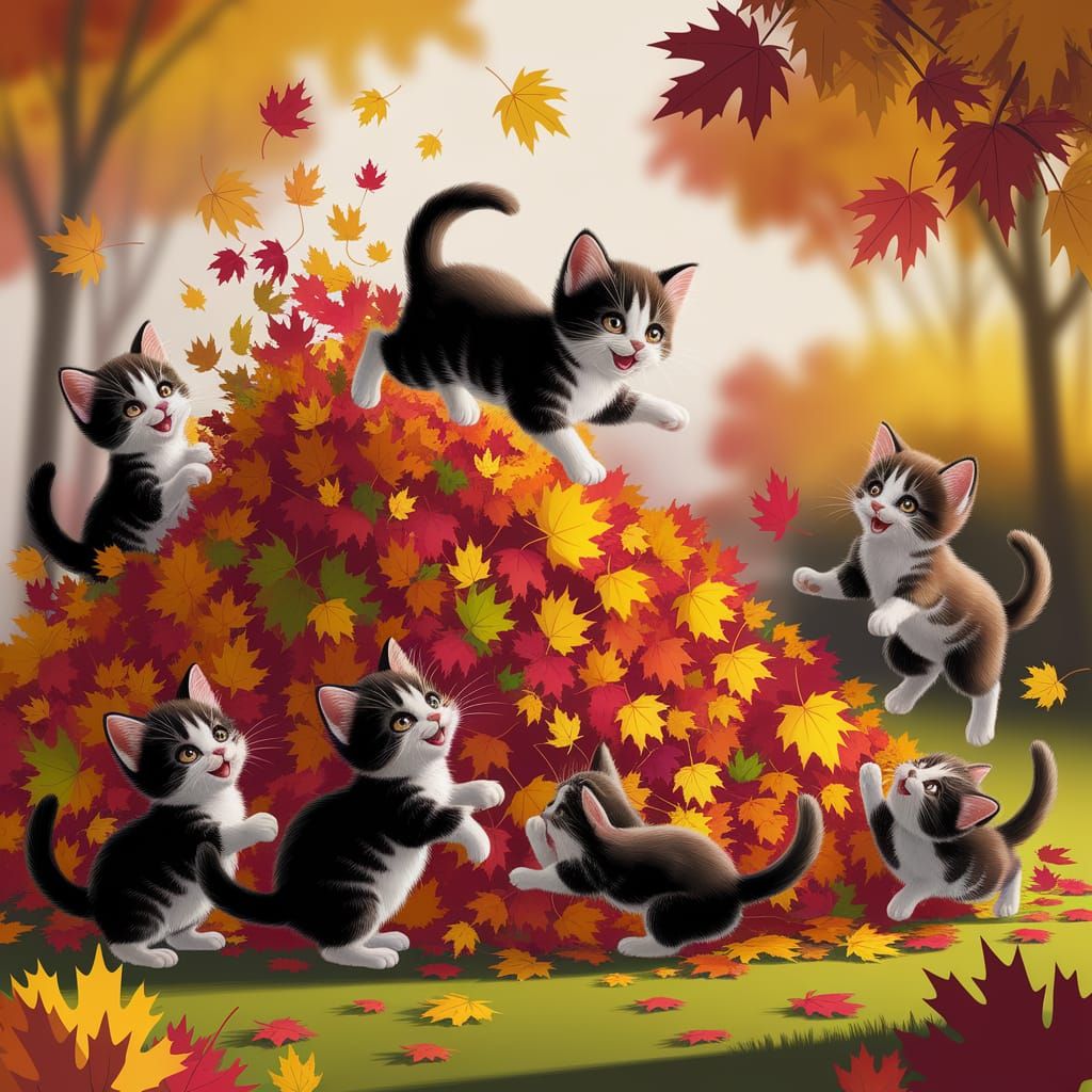 Mischievous Kittens Play in Autumn Leaves