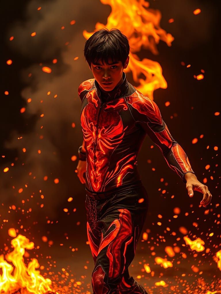 Cyborg Dancer in Fire Flames: Cinematic Digital Art