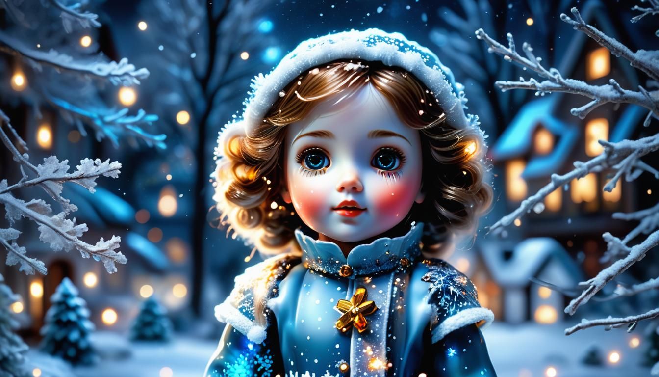 Glass Doll in Winter Wonderland: Hyper-Realistic Digital Art