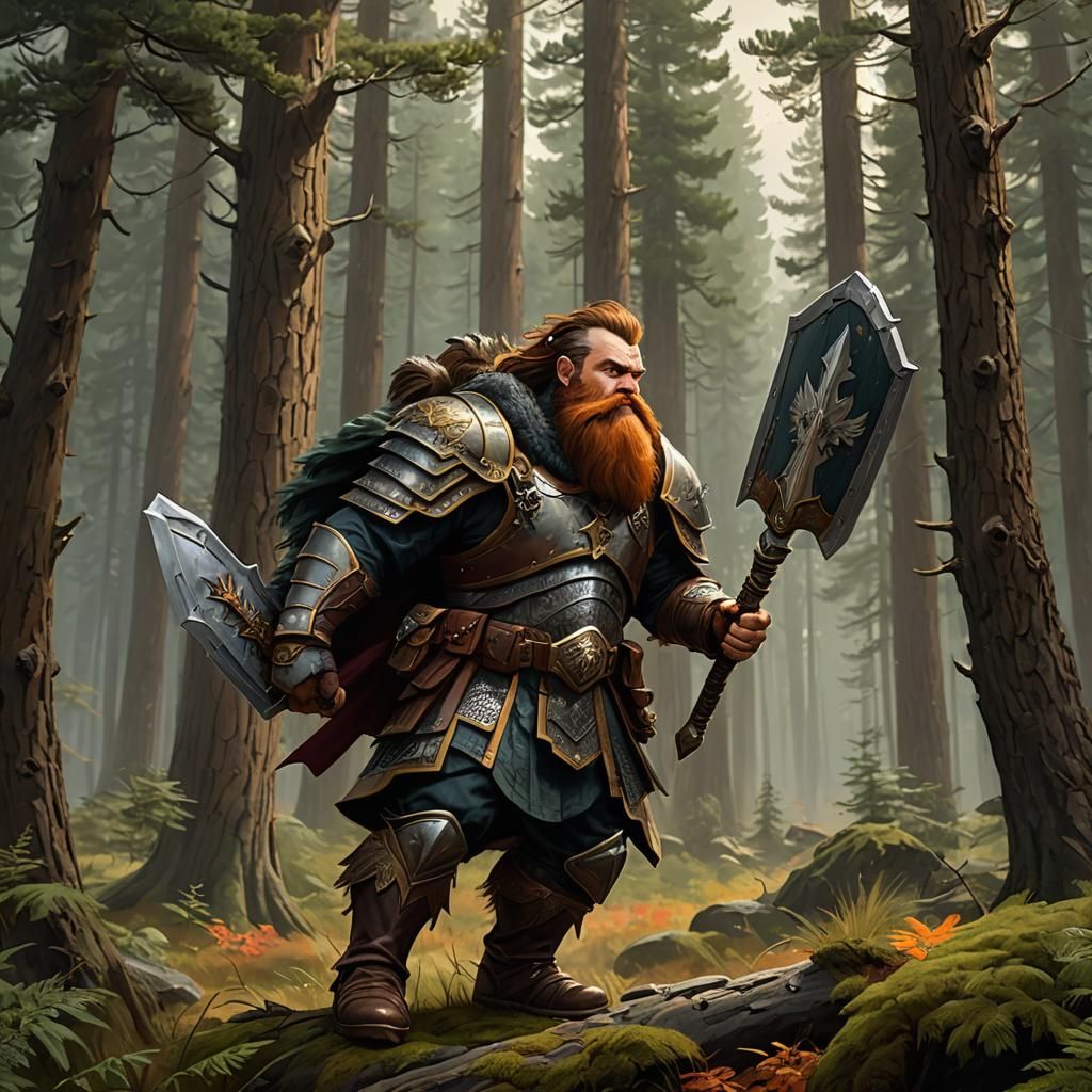 Dwarf Warrior with Warhammer in Autumn Forest