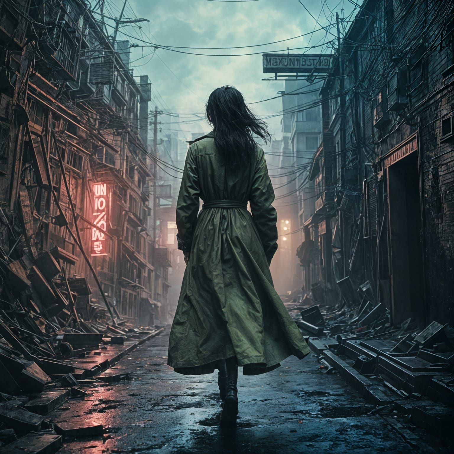 Surreal Asian Woman Walks Gritty Alley in Hyperrealistic Sty...