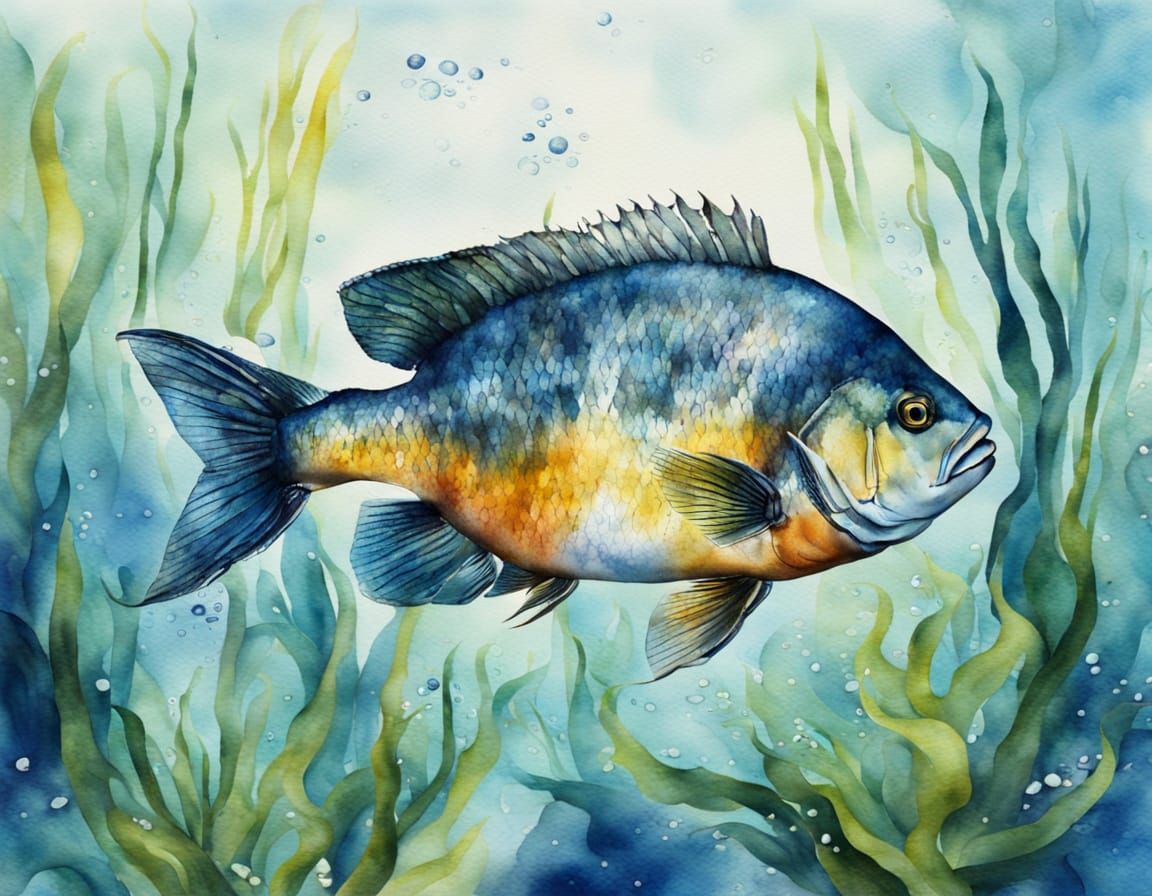 Watercolor Bluegill Fish Swimming Underwater