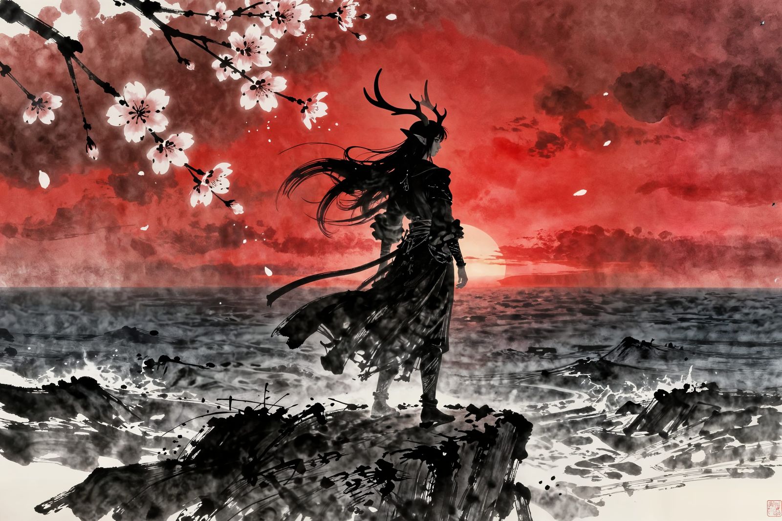 Tiefling Warrior on Cliff Overlooking Stormy Sea