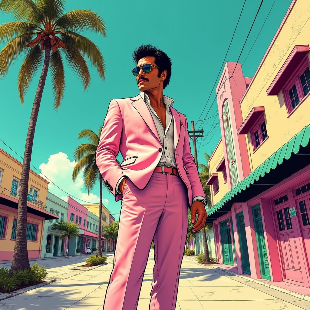 Vibrant Miami Streetscape in Pastel Colors, Inspired by Cart...