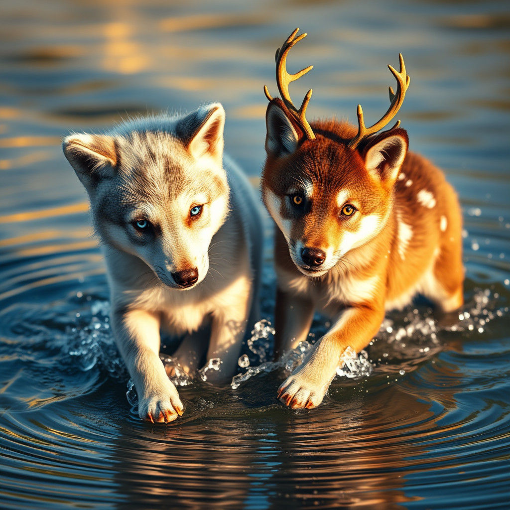 Wolf Pups with Antlers Play in Sun-Kissed Water