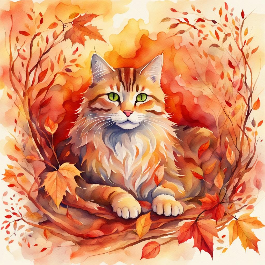 Whimsical Autumn Cat Spirit in Watercolor Style