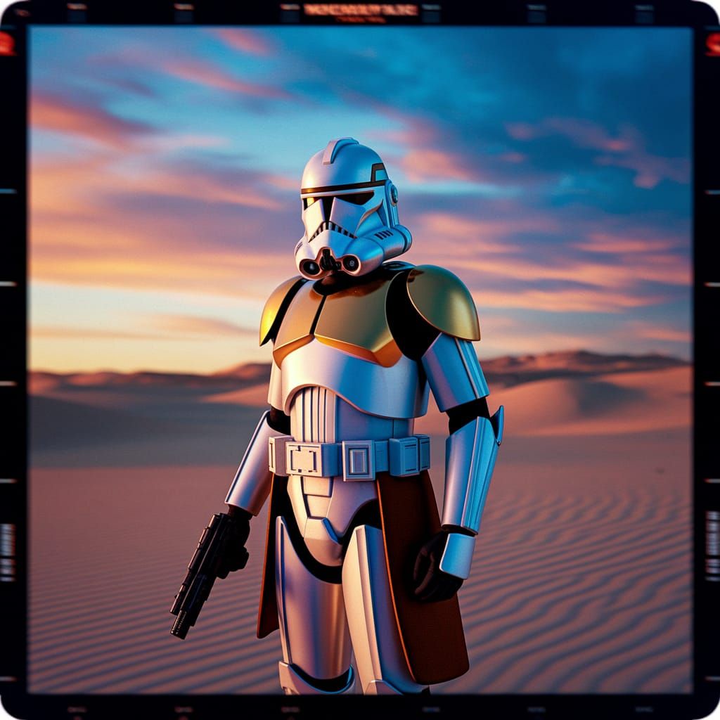 Clone Trooper Standing Tall in Desert Sunset