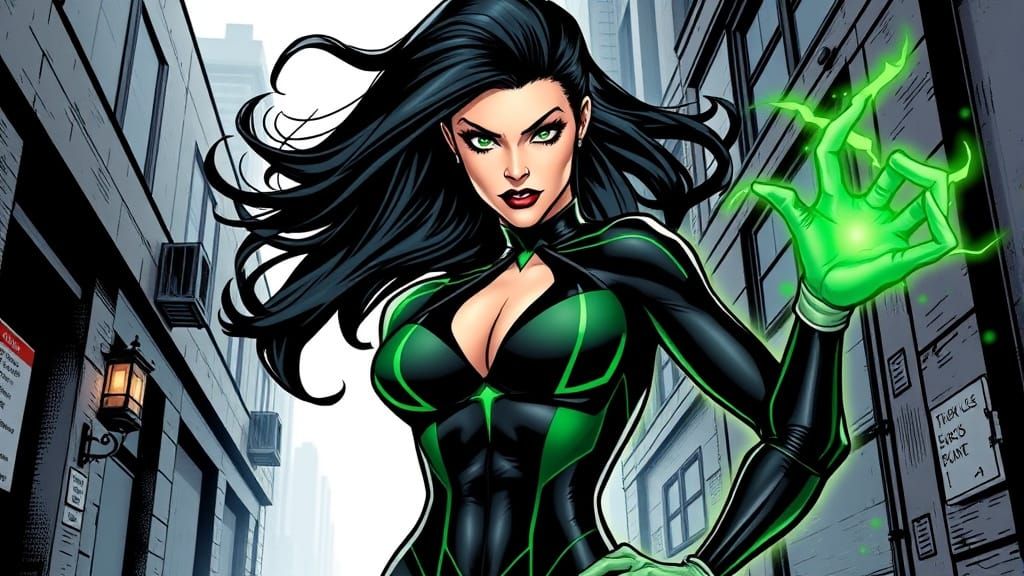 Green Energy Supervillainess in Classic Comic Book Style