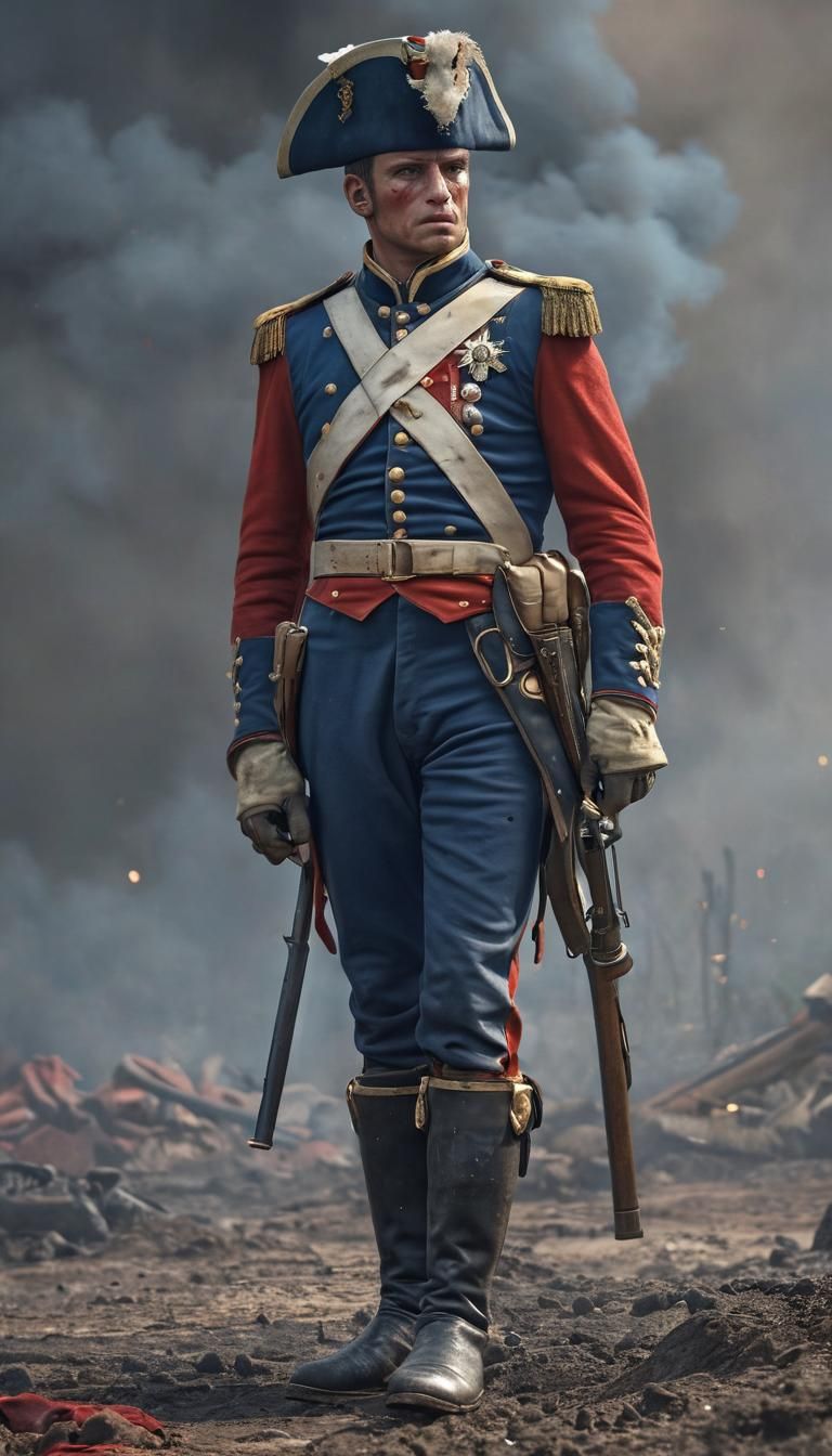 A French soldier in a blue-and-red uniform with gold buttons...