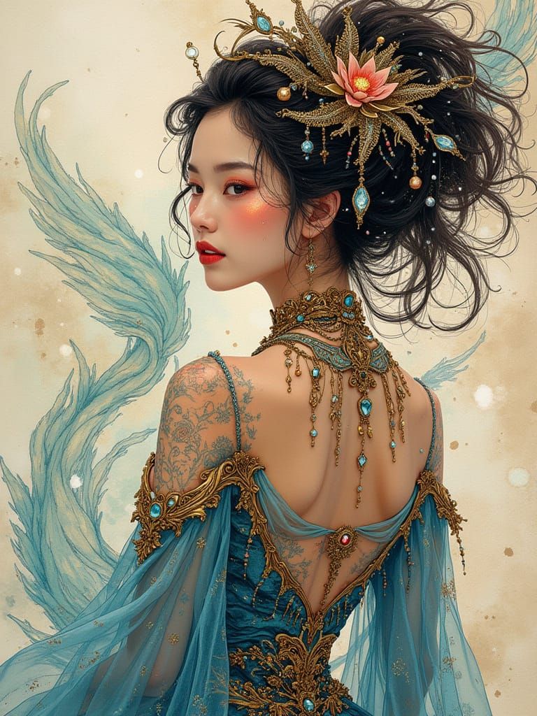 Ethereal Enchantress in Opulent Fantasy Attire