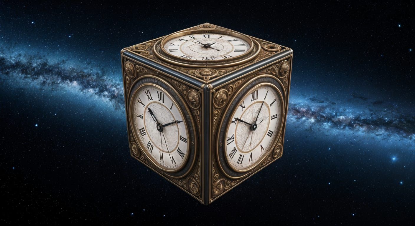 Cube with Clocks in Three Dimensions, CGI Art