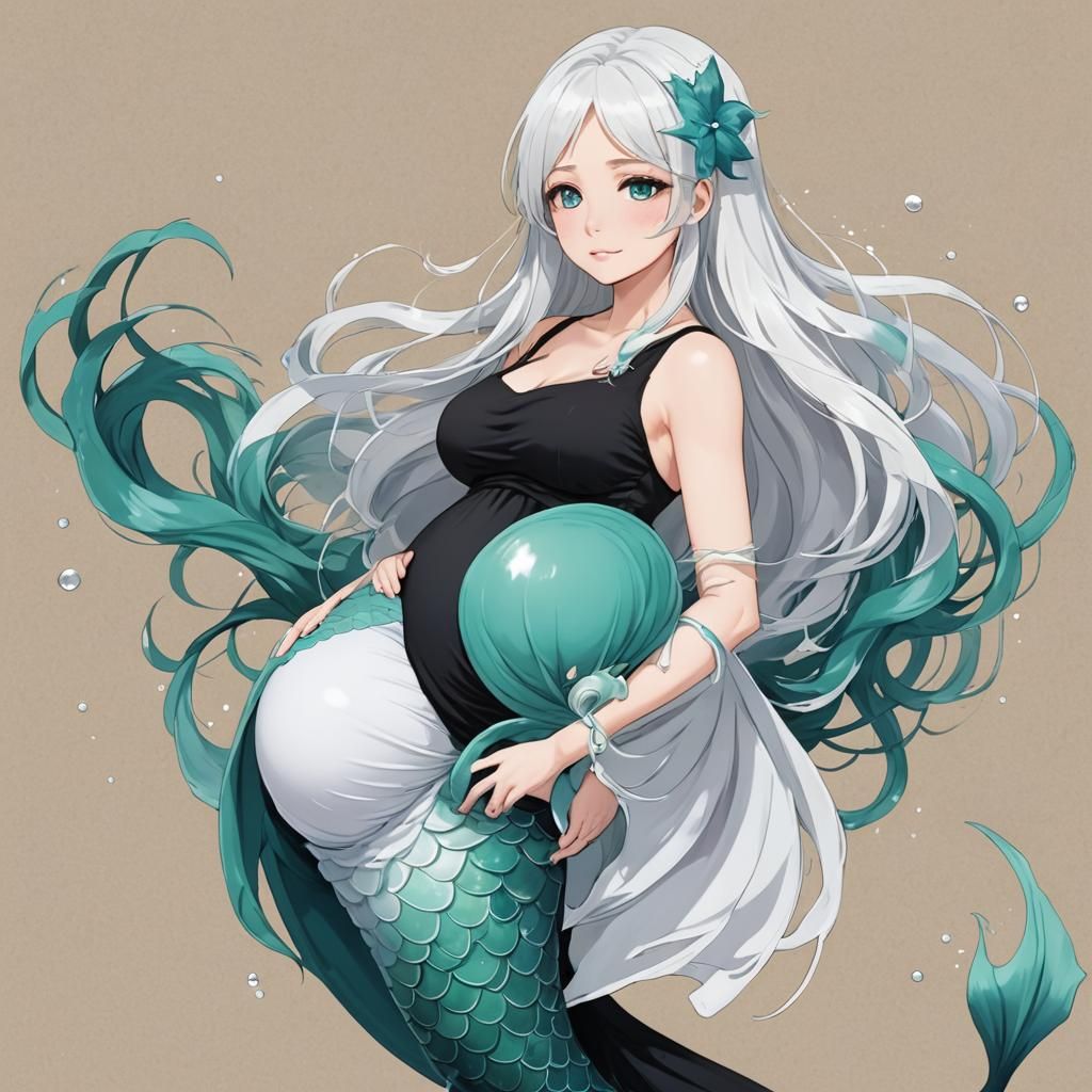 Anime Style Pregnant Mermaid with White Hair