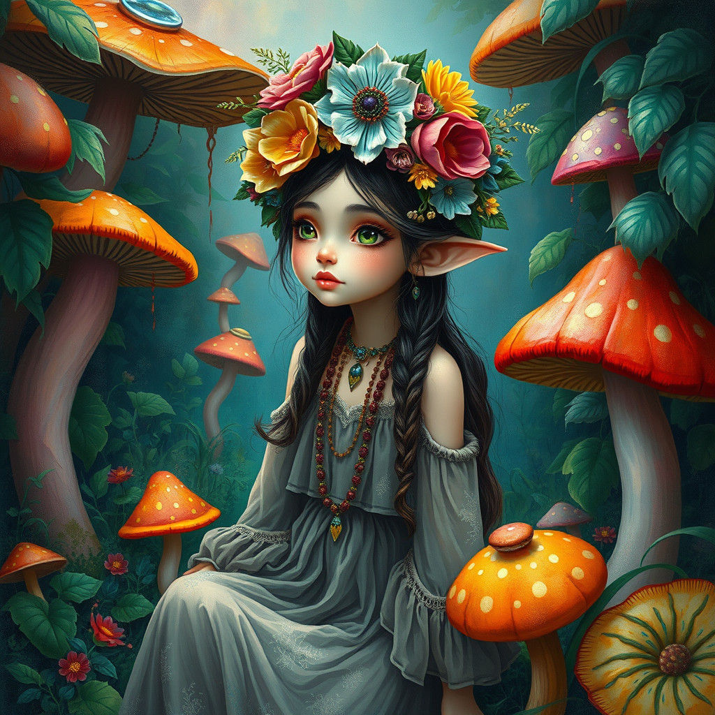 Whimsical Woman in Mushroom Wonderland: Fantasy Art