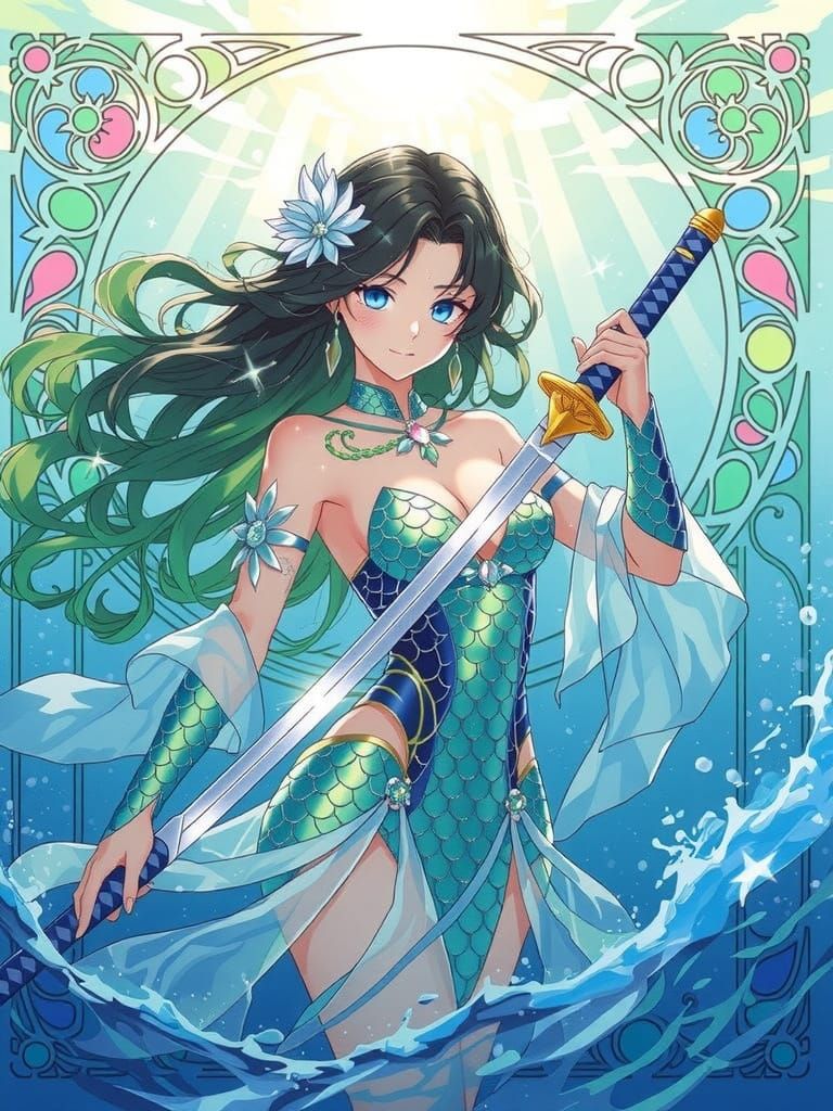 Anime Sea Warrior with Katana in Art Nouveau Style