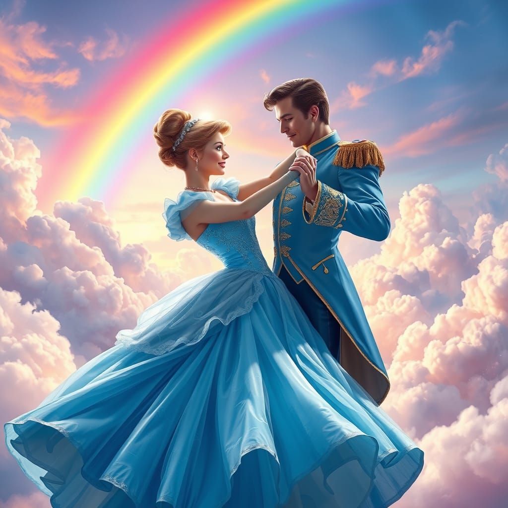 Whimsical Disney Princesses Dance Amidst Vibrant Clouds