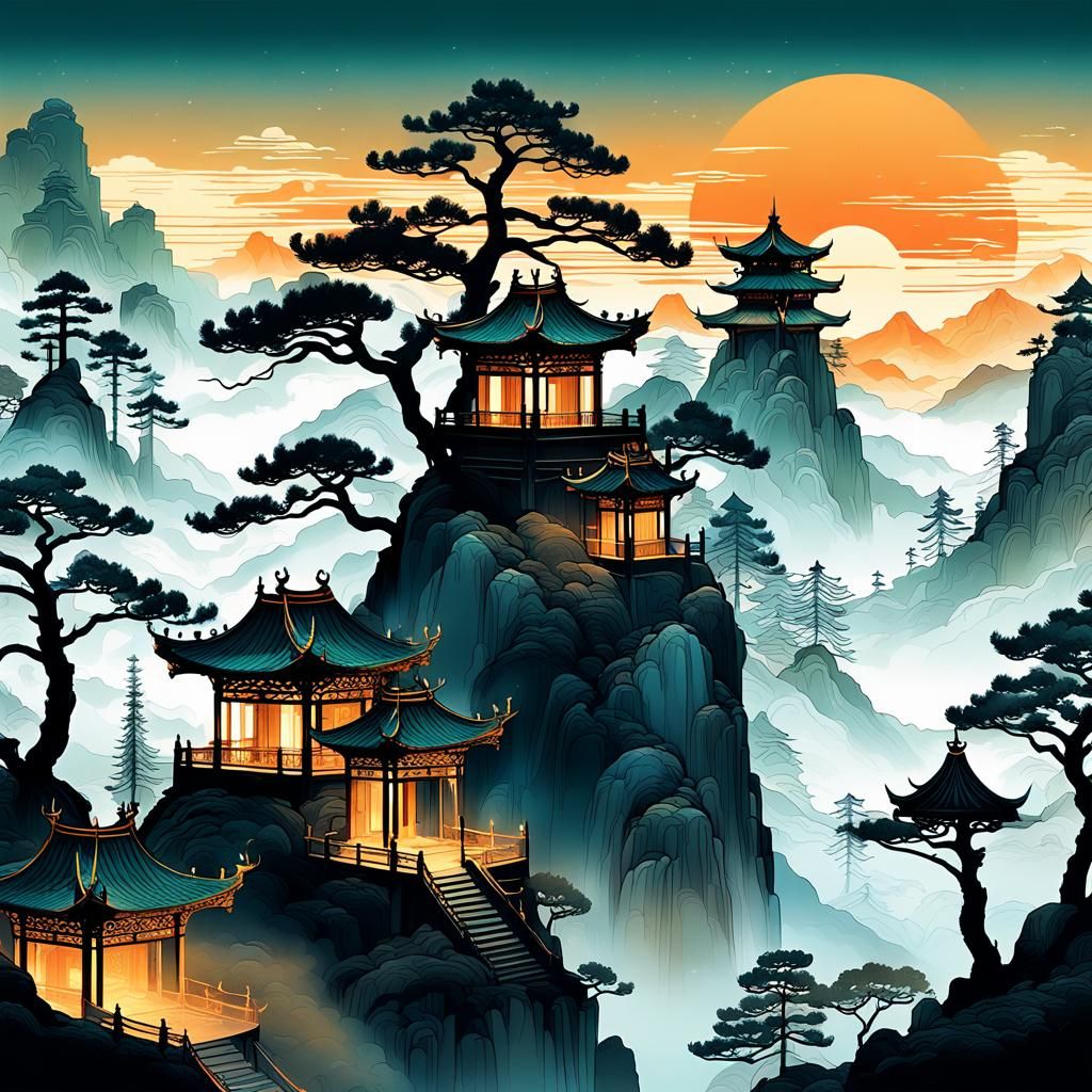 Chinese Print: Ancient Pines at Sunset in Gold