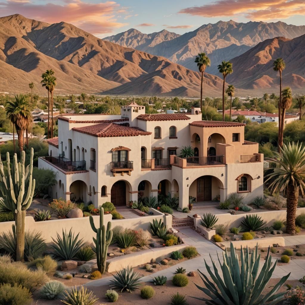 Spanish Mission Home at Sunset in Desert
