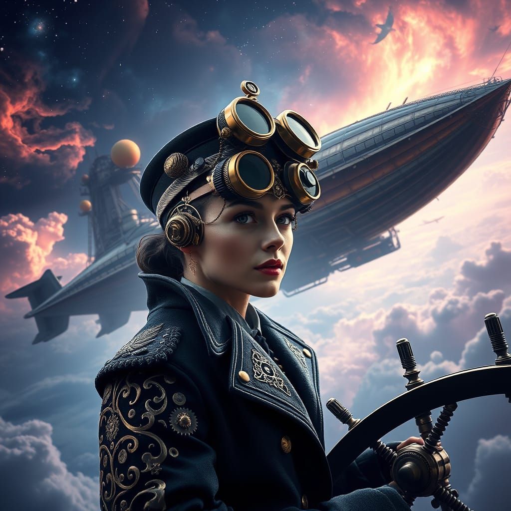 Steampunk Airship Captain Soaring Through Nebula Sky
