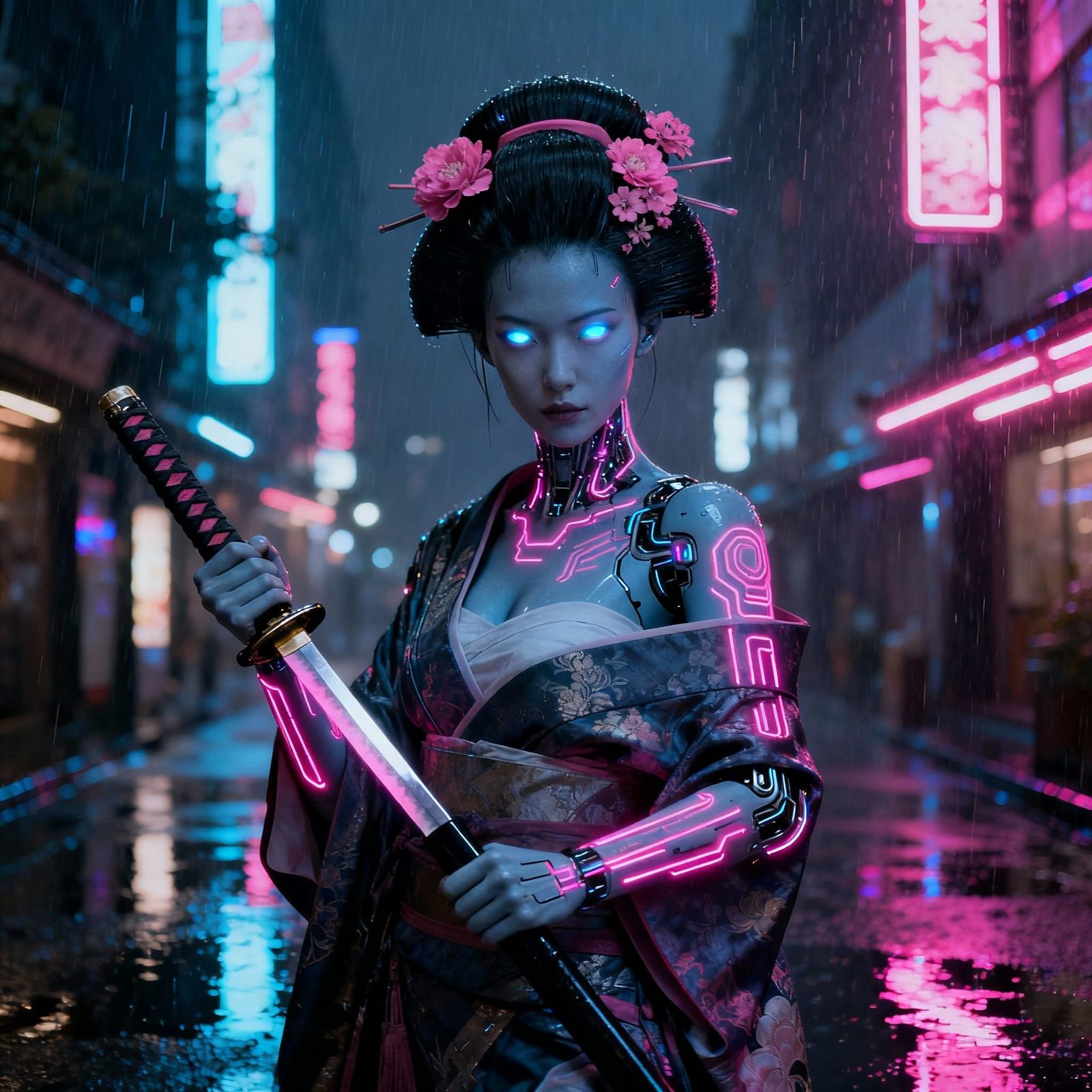 Cyberpunk Geisha in Neon Street, Holding Katana