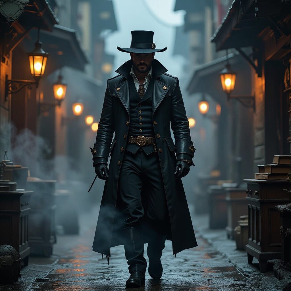 Steampunk Warlock in Fog-Shrouded Alleyway