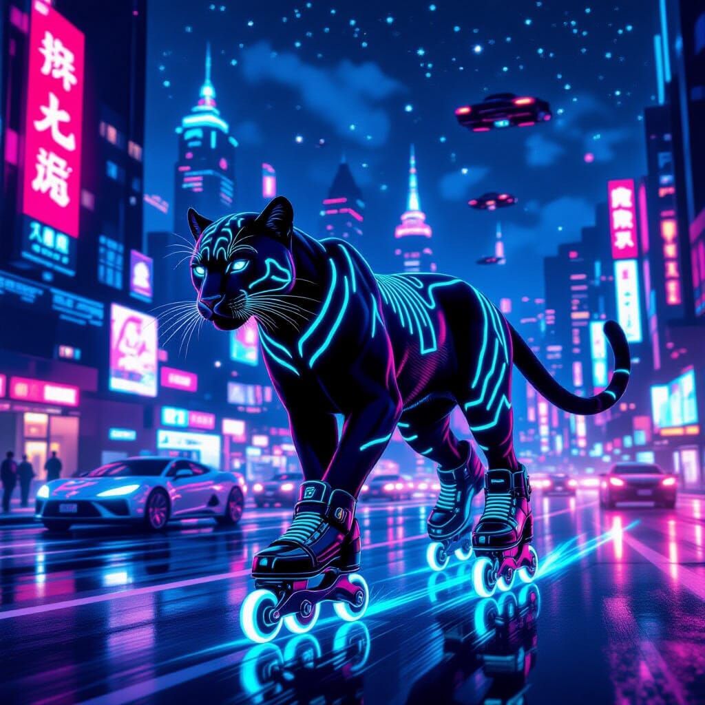 Cyberpunk Panther Glides Through Neon Cityscape