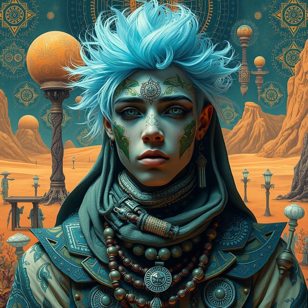 Androgynous Desert Figure in Futuristic, Surreal Style