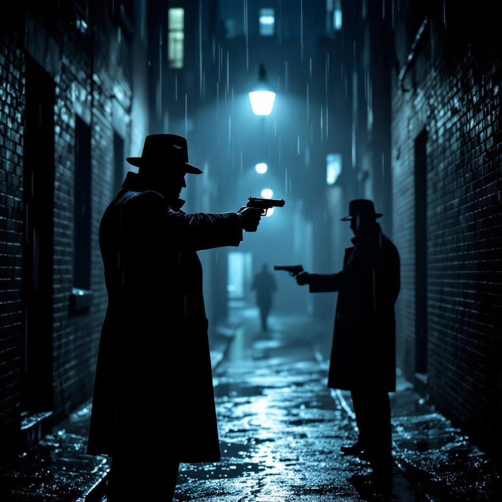 Detective Aims Pistol in Noir Alleyway Scene