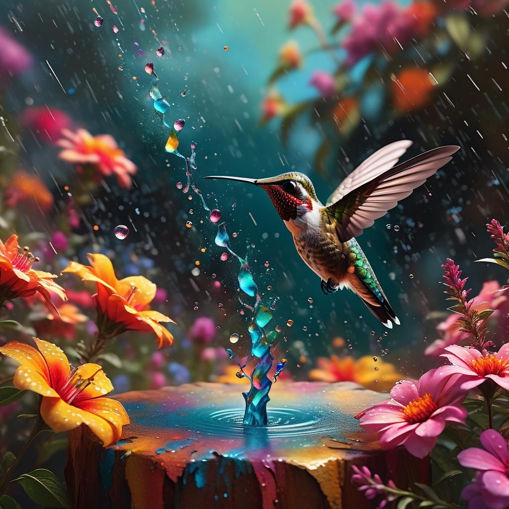 Colorful Water Hummingbird in Hyperrealistic Splash Art