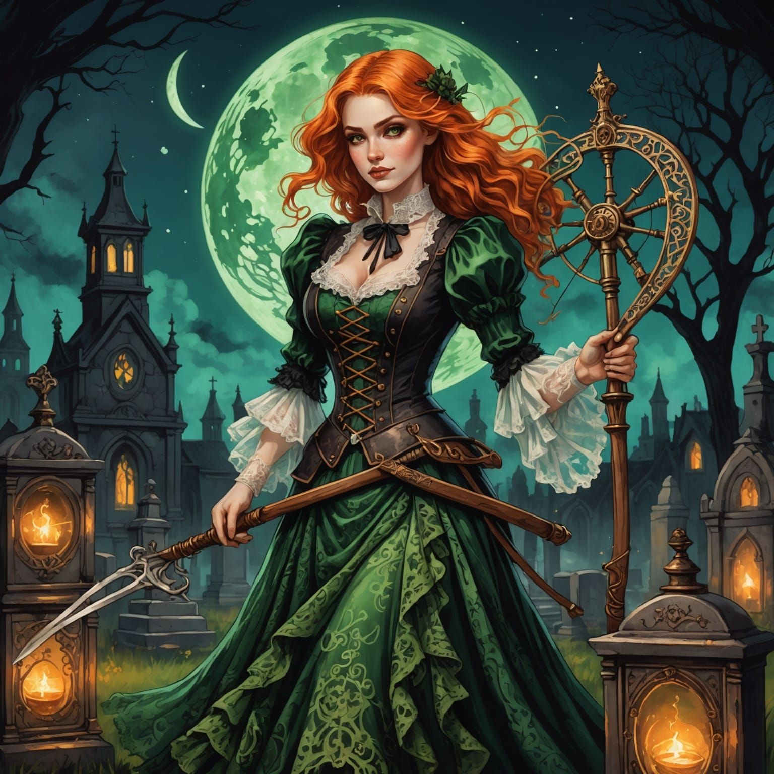 Steampunk Reaper with Scythe in Cemetery