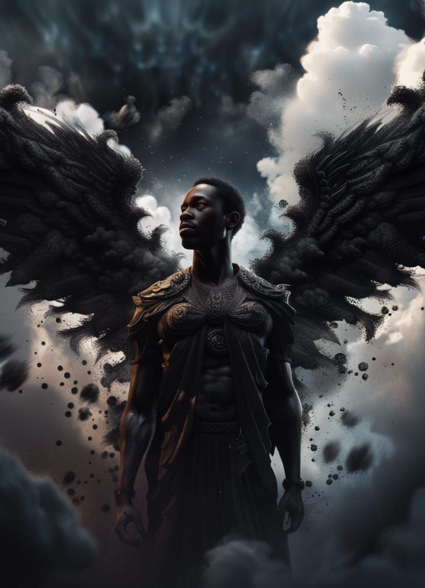 Ink Angel in Billowing Clouds, Detailed Matte Painting