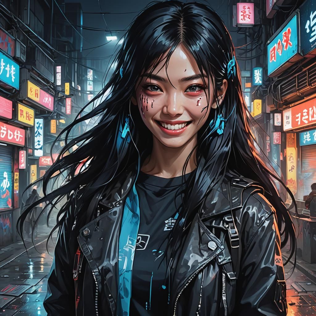 Cyberpunk Portrait of a Smiling Vampire Woman