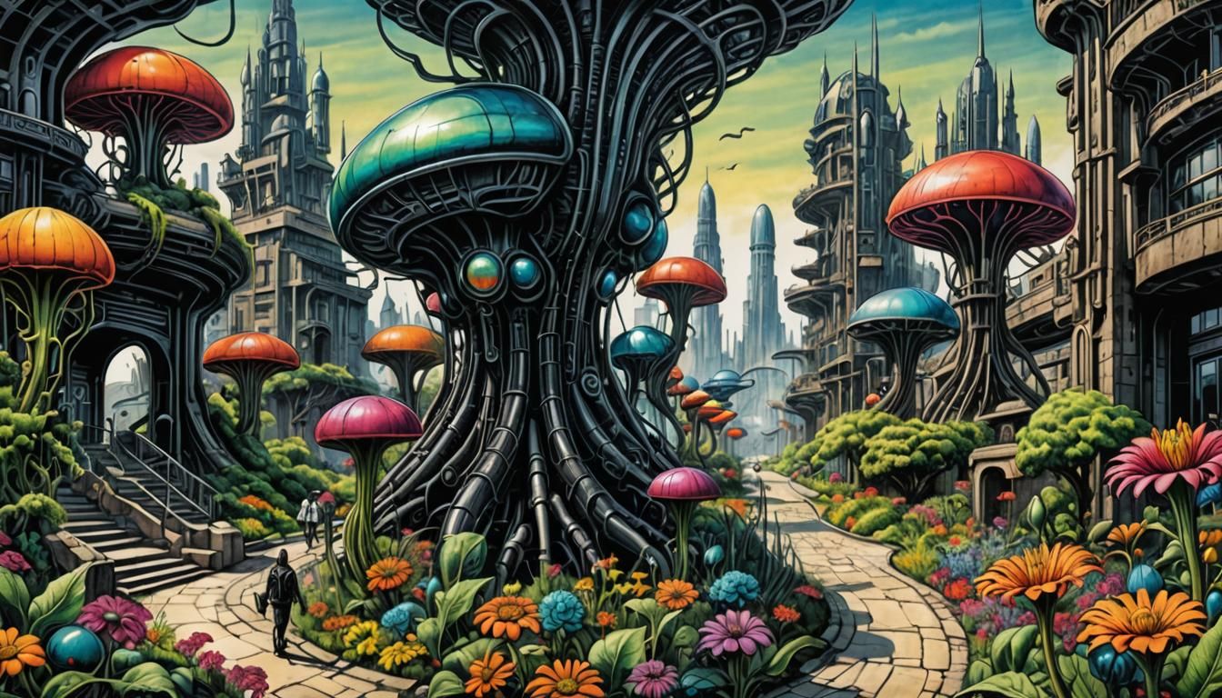 Biopunk Flower Garden in Giger Style Ink Sketch