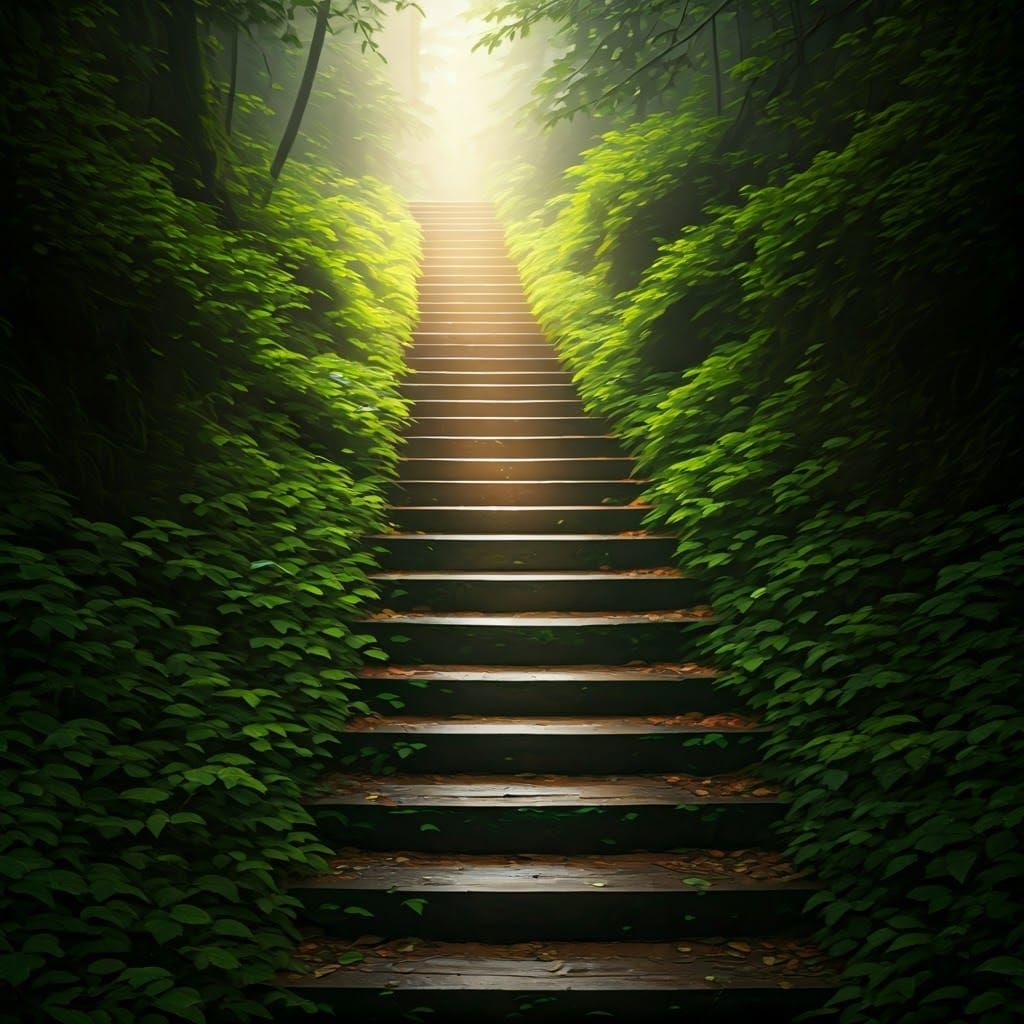 Enchanted Forest Staircase in Atmospheric Lighting