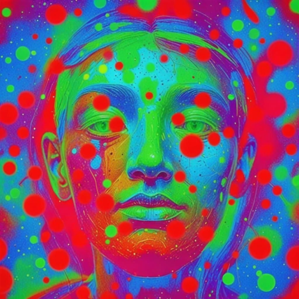 Picked out with dots of light, a face appears as if in a dream