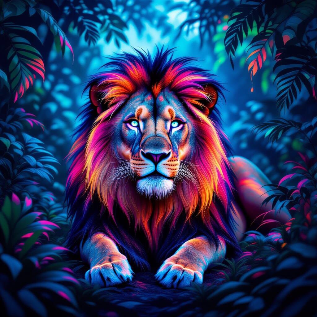 Surreal Lion with Neon Fur in Psychedelic Jungle