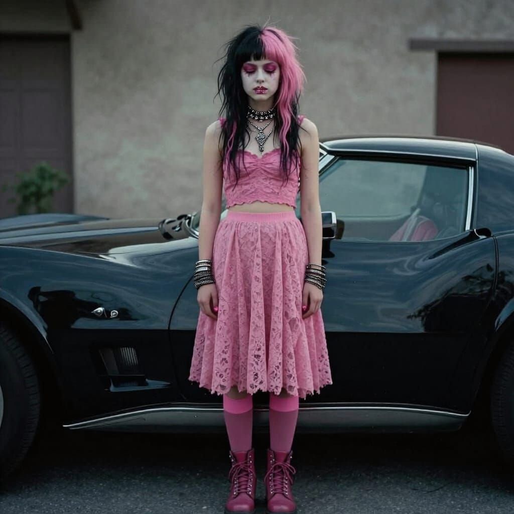 Punk Girl Silhouetted Against Vintage Corvette in Film Still